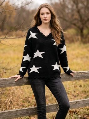 MACARON Black White Star Distressed V Neck Sweater Grunge Y2K Small